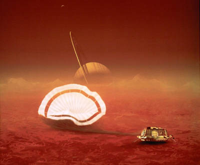 Titan parachute as the probe arives on the surface of Titan a satellite of Saturn